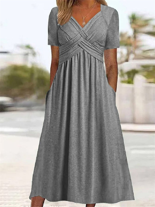 Summer New Women's Solid Color Long-sleeved V-neck Cross Button Casual Wind Comfortable Commuter Long Dress Dress Dress