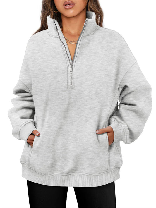 Women's New Fall Half-zip Sweatshirt Long-sleeved Stand-up Collar Solid Color Pullover Casual Wind Sweater