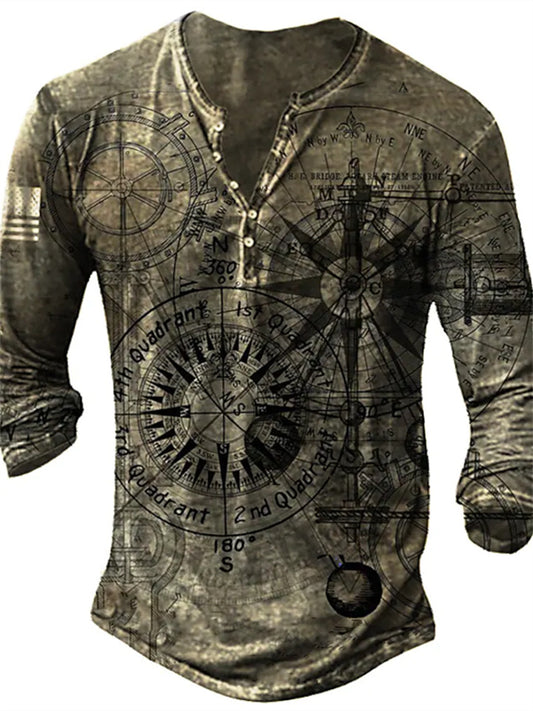 Men's T shirt Tee Henley Shirt Graphic Machine Henley Green Blue Purple Brown Gray 3D Print Street Casual Long Sleeve Button-Down Print Clothing Apparel Basic Fashion Classic Comfortable / Sports