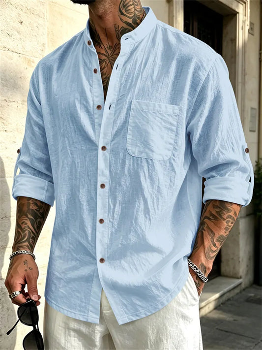 Men's Hawaiian-Style Stand-up Collar Linen Casual Long-Sleeve Solid-Color Shirt