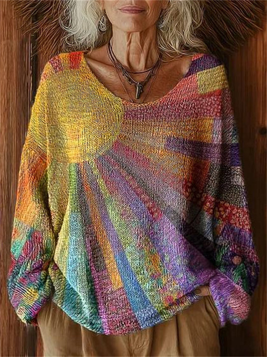 New Women's Patterned Textured Print Crew Neck Sweater-Style T-Shirt