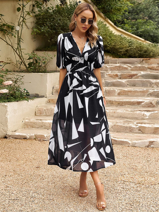 Temperament Commuter Dress Summer Temperament Waist V-neck Lantern Sleeves Printed Elegant Wind A-line Dress Long Skirt