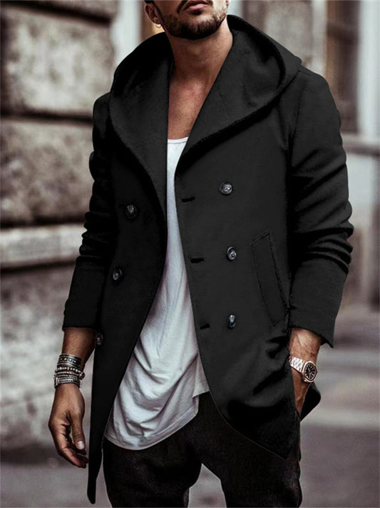 Autumn Men's Soil Windbreaker Long Section Lapel Hooded Double-breasted Casual Wind