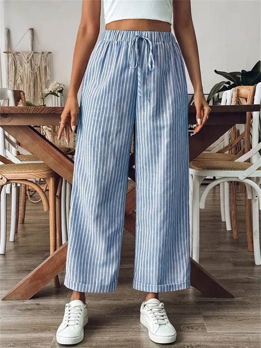 Women's Striped Cotton-Linen Casual Loose-Fit Straight-Leg Wide-Leg Cropped Pants