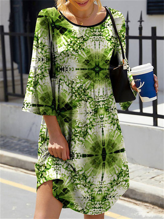 Elegant Temperament Round Neck Mid-length Printed Dress S M L XL 2XL 3XL 4XL 5XL