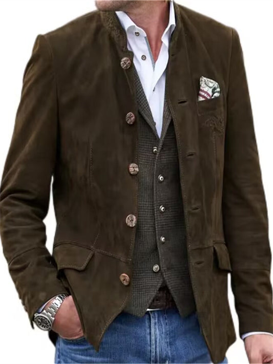 Men's New Suede Jacket Button Collar Men's Casual Solid Color Coat