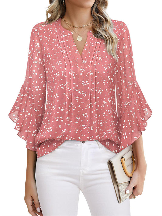 Women's Ruffled Three-Quarter Sleeve Top - Casual Relaxed Fit V-Neck Chiffon Shirt