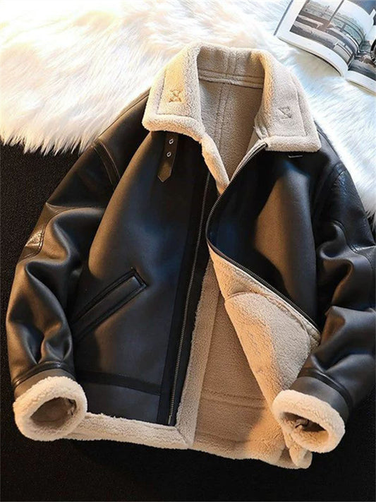 Men's Winter Fleece-Lined Motorcycle Jacket with Shearling Collar, Deer Velvet Fleece Coat, Shearling-Lined Cotton Jacket