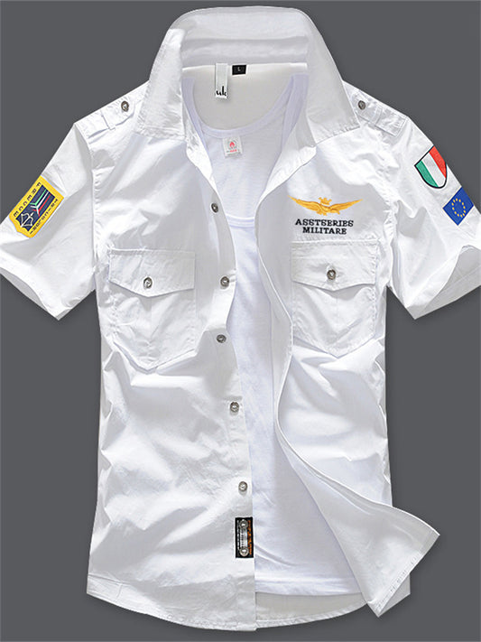 Air Force One Cotton Men's Short Sleeve Shirt Military Green Shirt Embroidered Shirt Men's Half Sleeve