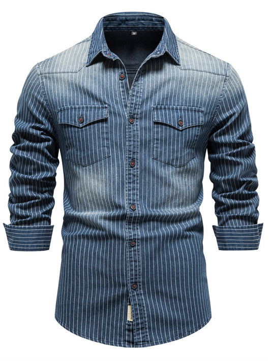 High-quality Heavy-duty Washed Old Striped Denim Shirt Men's Men's Lapel Wrinkle-resistant Wear-resistant Long-sleeved Shirt