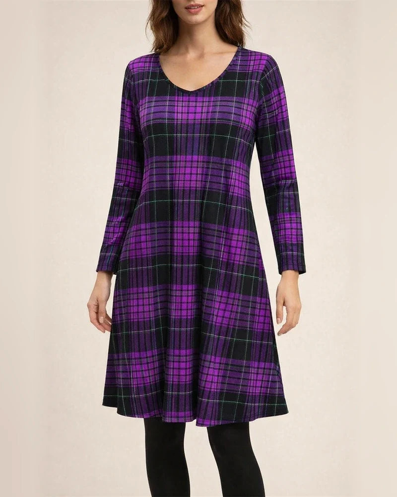 Fall and Winter New Comfortable Casual Plaid Pockets V-neck Long-sleeved Temperament Commuter Dresses for Women | JRSEE:e529dbd5-893d-48c6-b682-ad29fc68761f