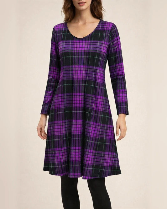 Fall and Winter New Comfortable Casual Plaid Pockets V-neck Long-sleeved Temperament Commuter Dresses for Women | JRSEE:e529dbd5-893d-48c6-b682-ad29fc68761f