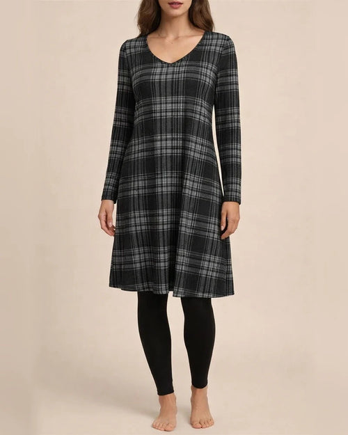 Fall and Winter New Comfortable Casual Plaid Pockets V-neck Long-sleeved Temperament Commuter Dresses for Women | JRSEE:a2ca4d6e-1c2d-42e2-8e13-bd0ef04a3a9a