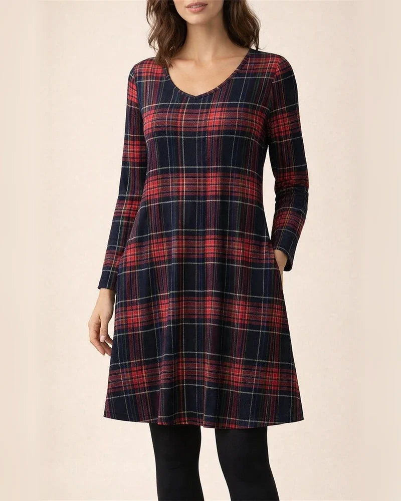 Fall and Winter New Comfortable Casual Plaid Pockets V-neck Long-sleeved Temperament Commuter Dresses for Women | JRSEE:ff9b2909-b496-4aed-ba03-68c726d7a2f4