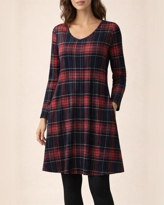 Fall and Winter New Comfortable Casual Plaid Pockets V-neck Long-sleeved Temperament Commuter Dresses for Women | JRSEE:ff9b2909-b496-4aed-ba03-68c726d7a2f4