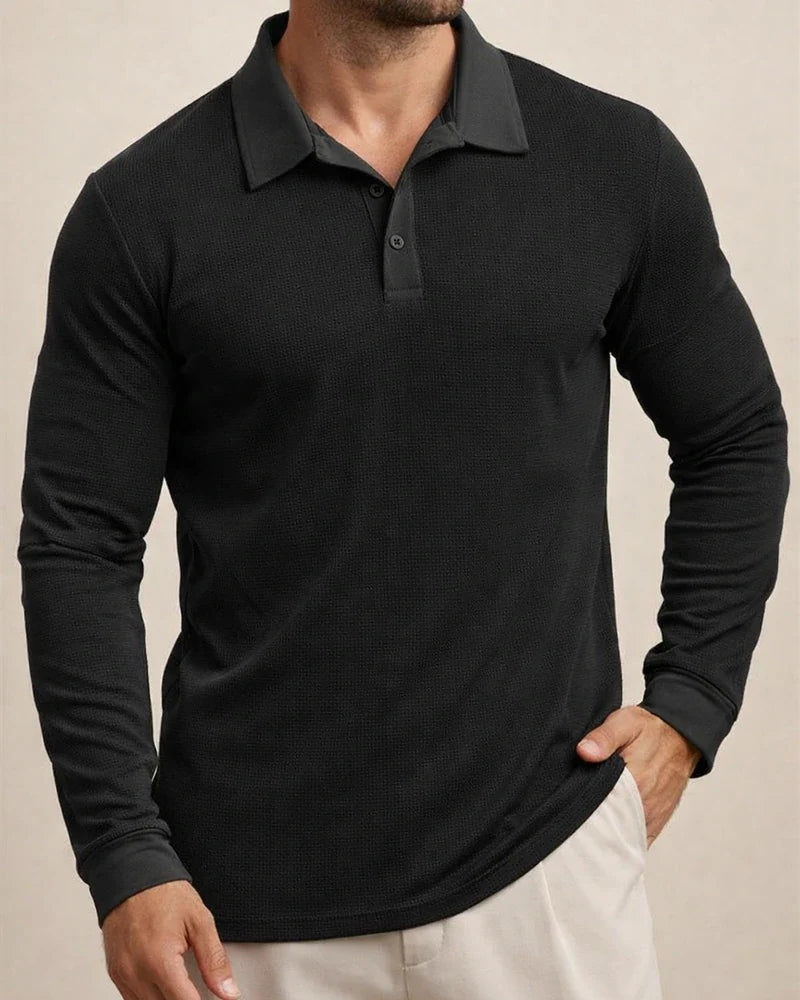 Fall New Arrival Men's Waffle Collared Polo Shirt American Casual Long Sleeve T-Shirt | JRSEE:b7fbd859-556c-413e-8743-815e61e1f323