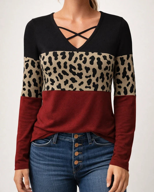 Fall New Comfortable Casual Long-sleeved Women's Personality Leopard Splicing V-neck Temperament Commuting Urban Wind Blouse | JRSEE:f244a1ae-7d73-4dd3-9a25-4d3cf59a973c