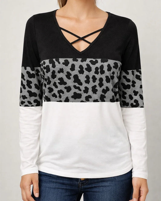 Fall New Comfortable Casual Long-sleeved Women's Personality Leopard Splicing V-neck Temperament Commuting Urban Wind Blouse | JRSEE:9be1f0ac-6f65-4269-bc64-fe46663f8371