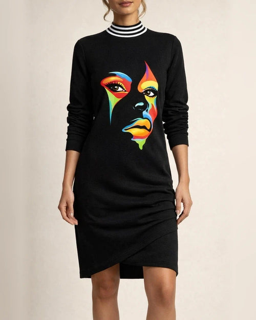 Fall New Long-sleeved Half-high Neck Printed Dress Temperament Elegant Commuter Style Women's Clothing | JRSEE:07dfa400-102f-4da3-877d-2fbccd0da031