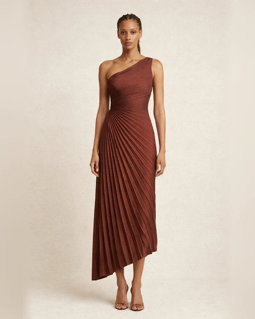 Fashion One Shoulder Sun Ruffle Satin Solid Color Dress | JRSEE:acd8841e-49fc-4d15-ab61-64f682fd81de