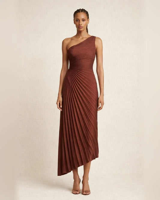 Fashion One Shoulder Sun Ruffle Satin Solid Color Dress | JRSEE:acd8841e-49fc-4d15-ab61-64f682fd81de