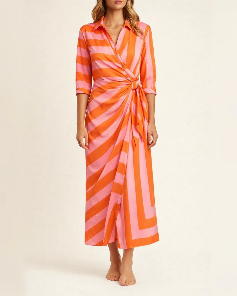 Fashion Printed Lantern Sleeve Tie Slit Lapel Dress Explosive Color Clash Striped Midi Dresses | JRSEE:505cda5f-9527-4134-b161-10f39c529a67