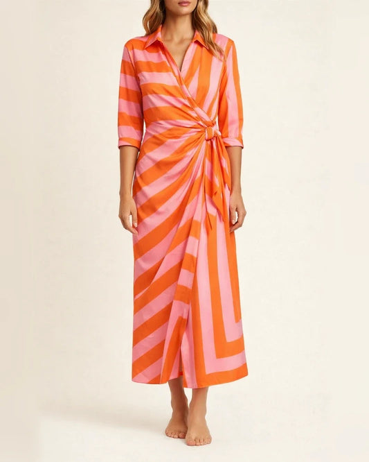 Fashion Printed Lantern Sleeve Tie Slit Lapel Dress Explosive Color Clash Striped Midi Dresses | JRSEE:505cda5f-9527-4134-b161-10f39c529a67