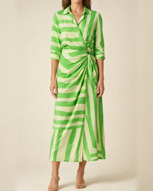 Fashion Printed Lantern Sleeve Tie Slit Lapel Dress Explosive Color Clash Striped Midi Dresses | JRSEE:95916e86-626a-4dd9-8503-1fa9df56615f