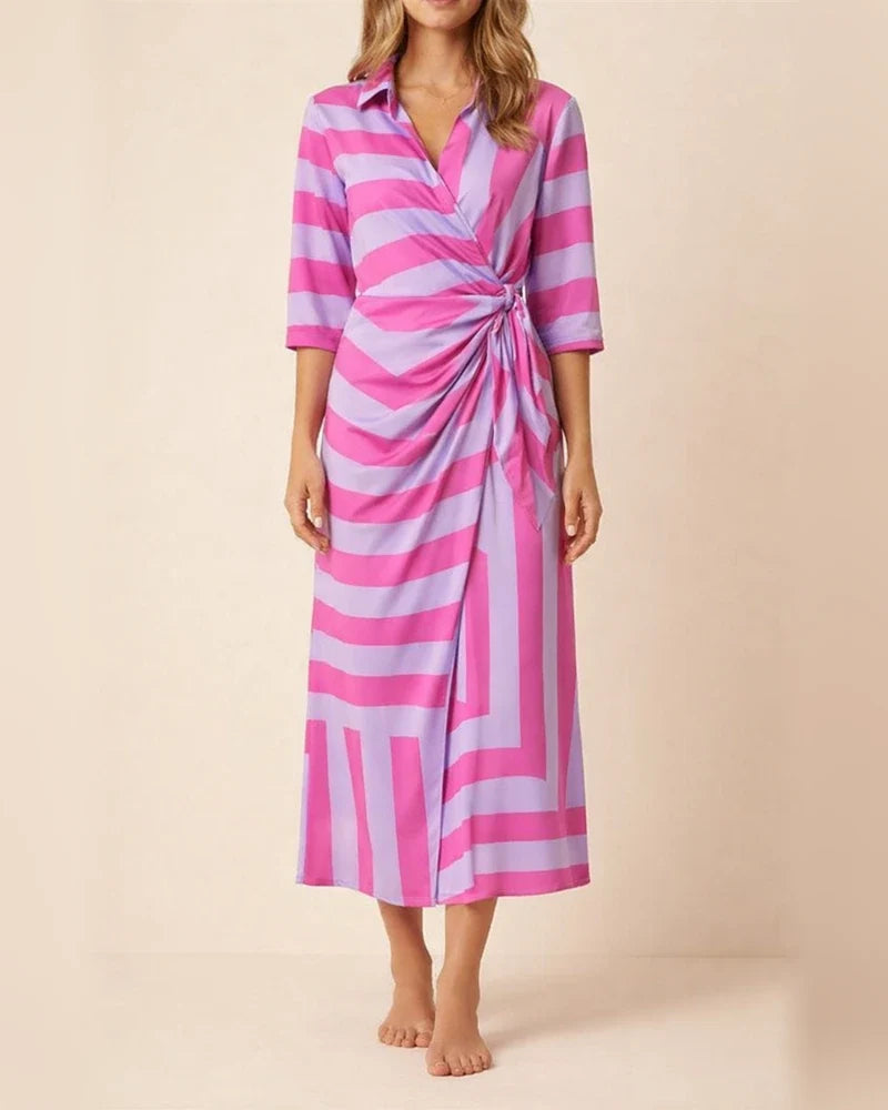 Fashion Printed Lantern Sleeve Tie Slit Lapel Dress Explosive Color Clash Striped Midi Dresses | JRSEE:3b10760b-2e12-42e7-8796-6a97a79c329b