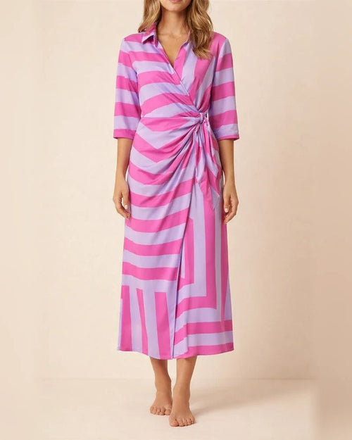 Fashion Printed Lantern Sleeve Tie Slit Lapel Dress Explosive Color Clash Striped Midi Dresses | JRSEE:3b10760b-2e12-42e7-8796-6a97a79c329b