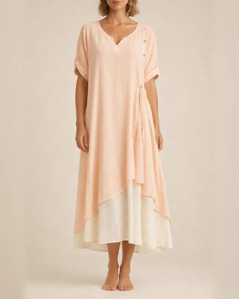 Fashion V-neck Short-sleeved Fake Two Pieces Asymmetric Dresses Spring and Summer New Irregular Dress Comfortable Casual Wind | JRSEE:180b18e0-da34-4de8-9de7-9619cad7fccf