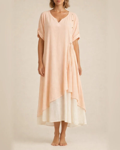 Fashion V-neck Short-sleeved Fake Two Pieces Asymmetric Dresses Spring and Summer New Irregular Dress Comfortable Casual Wind | JRSEE:180b18e0-da34-4de8-9de7-9619cad7fccf