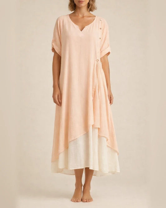 Fashion V-neck Short-sleeved Fake Two Pieces Asymmetric Dresses Spring and Summer New Irregular Dress Comfortable Casual Wind | JRSEE:180b18e0-da34-4de8-9de7-9619cad7fccf