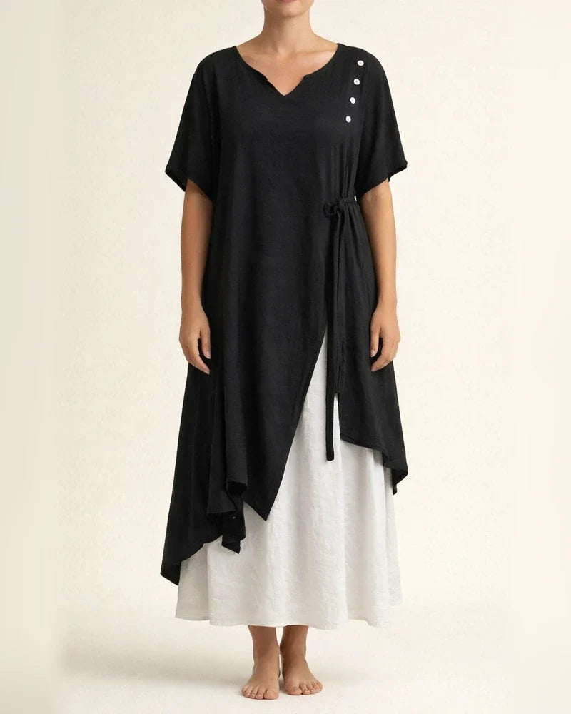 Fashion V-neck Short-sleeved Fake Two Pieces Asymmetric Dresses Spring and Summer New Irregular Dress Comfortable Casual Wind | JRSEE:03a5c7e2-5339-45a8-8cd4-87d4696c7df5