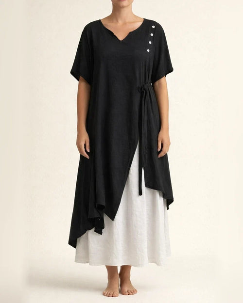 Fashion V-neck Short-sleeved Fake Two Pieces Asymmetric Dresses Spring and Summer New Irregular Dress Comfortable Casual Wind | JRSEE:03a5c7e2-5339-45a8-8cd4-87d4696c7df5