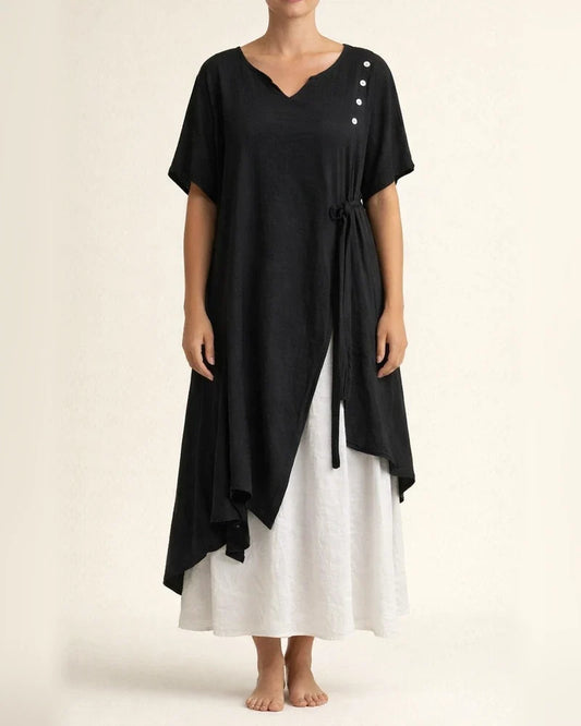 Fashion V-neck Short-sleeved Fake Two Pieces Asymmetric Dresses Spring and Summer New Irregular Dress Comfortable Casual Wind | JRSEE:03a5c7e2-5339-45a8-8cd4-87d4696c7df5