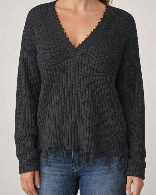 Fashion V-neck Solid Color Tassel Hole Knitted Sweater | JRSEE:ac14df8f-981f-4c5a-89c7-24c86d557de3