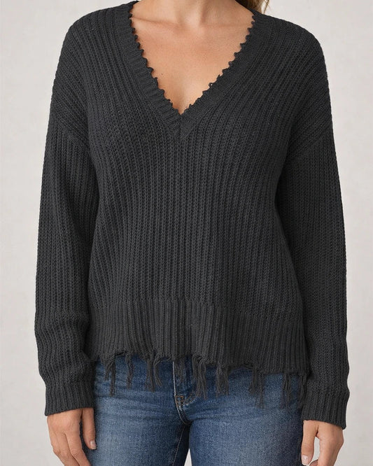 Fashion V-neck Solid Color Tassel Hole Knitted Sweater | JRSEE:ac14df8f-981f-4c5a-89c7-24c86d557de3