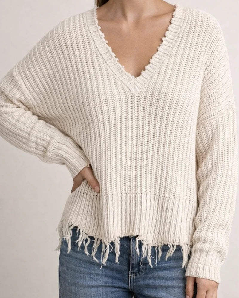 Fashion V-neck Solid Color Tassel Hole Knitted Sweater | JRSEE:787697f6-9897-4ca3-94c0-eb7c938db74a