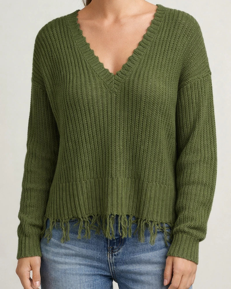 Fashion V-neck Solid Color Tassel Hole Knitted Sweater | JRSEE:1ffd8156-24f0-4fe3-9c60-b95de65f0941