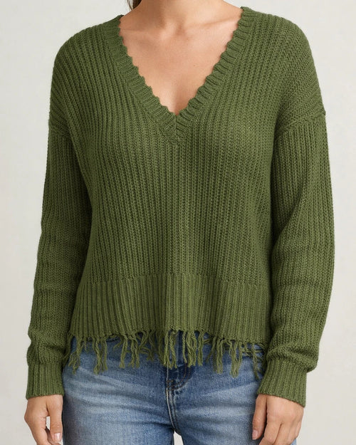 Fashion V-neck Solid Color Tassel Hole Knitted Sweater | JRSEE:1ffd8156-24f0-4fe3-9c60-b95de65f0941