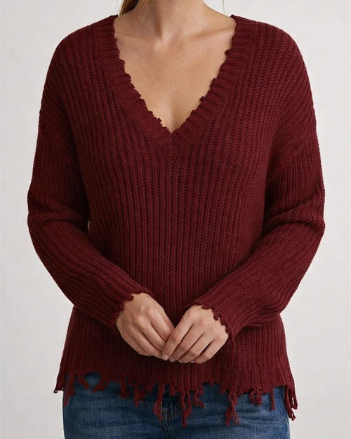 Fashion V-neck Solid Color Tassel Hole Knitted Sweater | JRSEE:d919a431-5188-447a-baf0-289ce50d20e0