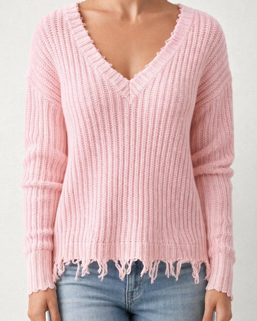 Fashion V-neck Solid Color Tassel Hole Knitted Sweater | JRSEE:7c745640-95bc-4a24-95b1-25f83efa19e6