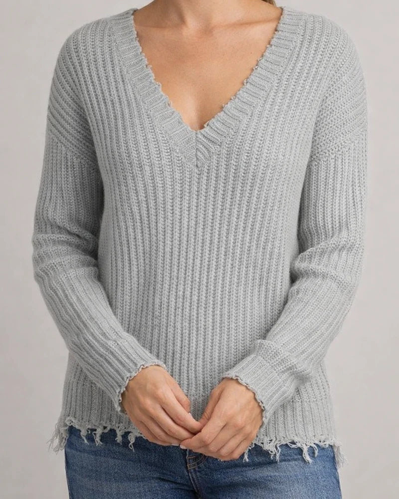 Fashion V-neck Solid Color Tassel Hole Knitted Sweater | JRSEE:33e67089-2382-431e-b65f-4f05835408c7