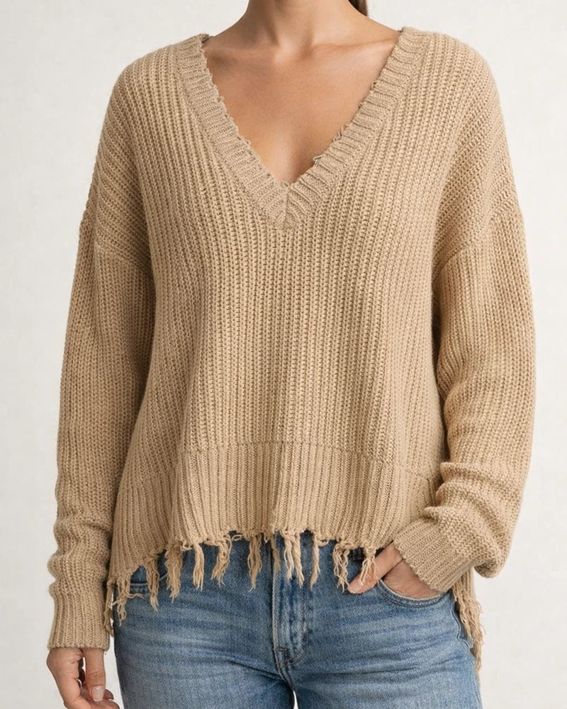Fashion V-neck Solid Color Tassel Hole Knitted Sweater | JRSEE:bd6abd49-4e62-4b0f-b424-157779175a9b