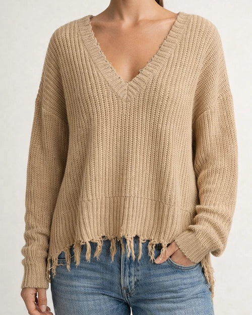 Fashion V-neck Solid Color Tassel Hole Knitted Sweater | JRSEE:bd6abd49-4e62-4b0f-b424-157779175a9b