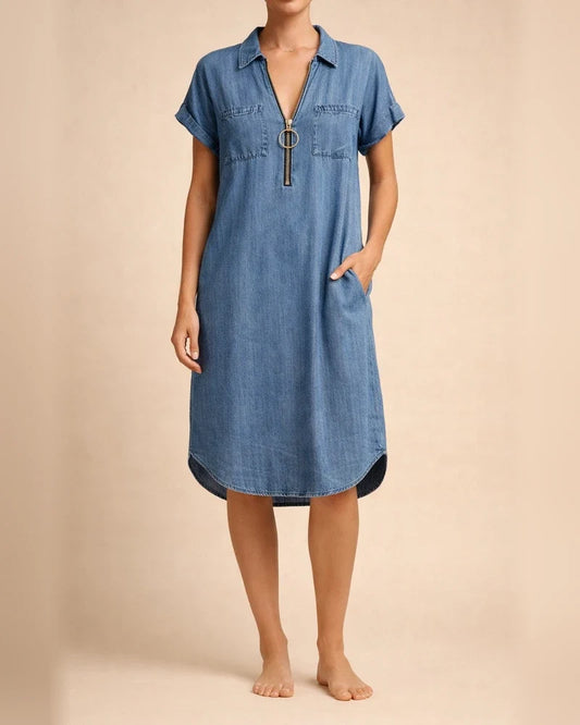 Fashion Zipper Slim Blue Denim Short-sleeved Dress | JRSEE:98a235b0-d15d-4456-afa1-e157b1ed8c09