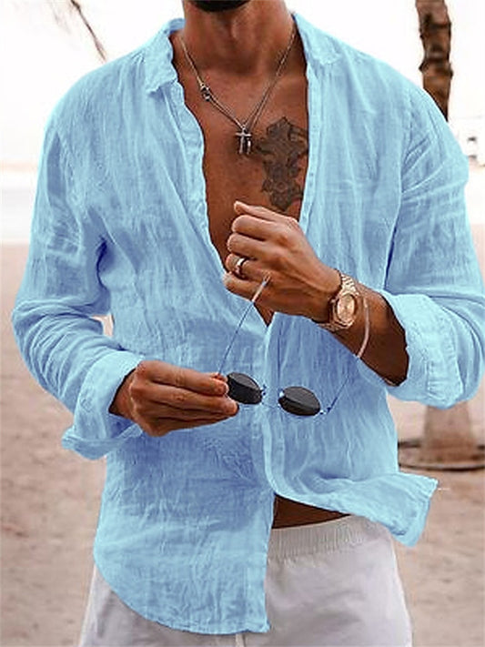 Cotton Hemp New Men's Long Sleeve Shirt Solid Color Lapel Casual Style Shirt
