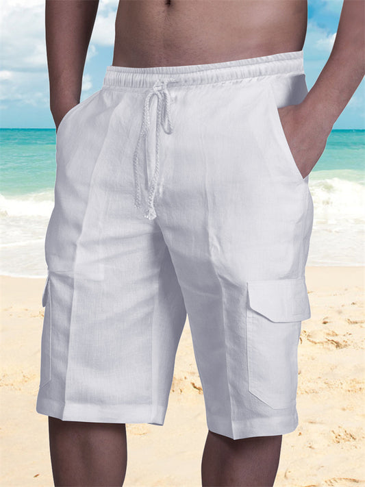 Men's Shorts Linen Shorts Summer Shorts Beach Shorts Multi Pocket Plain Knee Length Beach Linen / Cotton Blend Hawaiian Casual Black White Inelastic