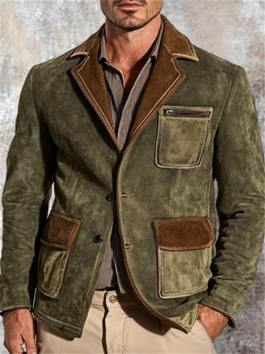 Autumn and Winter Men's Retro Suede Colorblocking Lapel Jacket